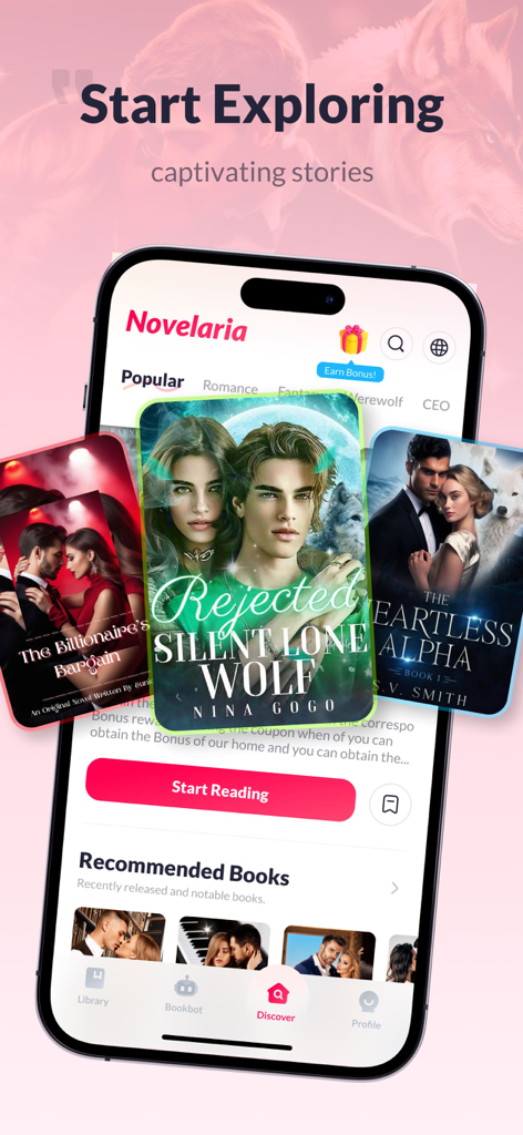 A mobile screen displaying the Novelaria app interface featuring popular romance and werewolf book covers like Rejected Silent Lone Wolf.