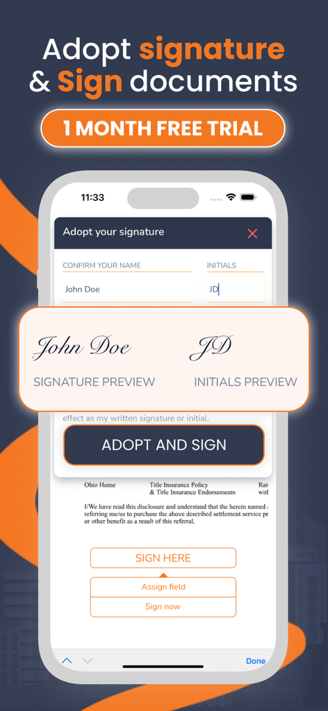 PDFEsign.com PDF E-Sign - Interfaz de la aplicación móvil para crear y adoptar una firma digital y las iniciales en un documento PDF