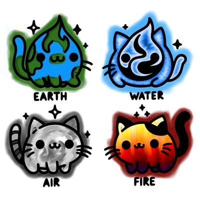 4 cats that represent the different elements, earth, water, air, and fire