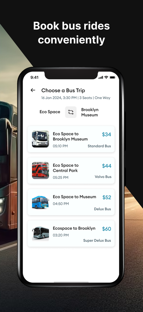 AllRide Customer app interface showing bus trip options with prices and schedules for convenient booking
