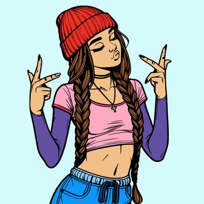 realistic teenage girl with braids and a beanie and crop top doing 🫶🏼