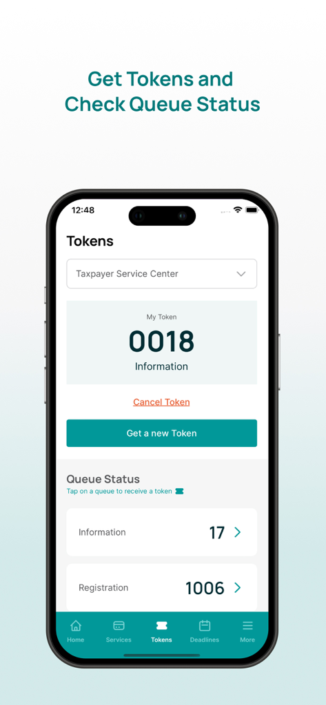 MIRA Maldives app interface showing a virtual queue token and taxpayer service center status