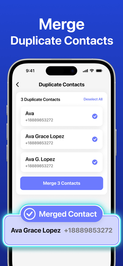 Cleava - Clean Up Storage - 저장 공간 정리를 위해 중복 연락처를 병합하는 방법을 보여주는 모바일 앱 인터페이스