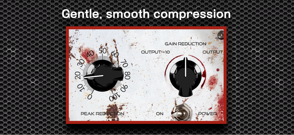 L2 Aura - Leveling Amplifier - User interface of the L2 Aura leveling amplifier app showing vintage peak reduction and gain controls.