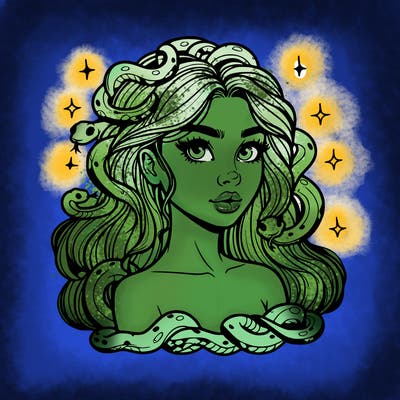 realistic girl with snakes as hair