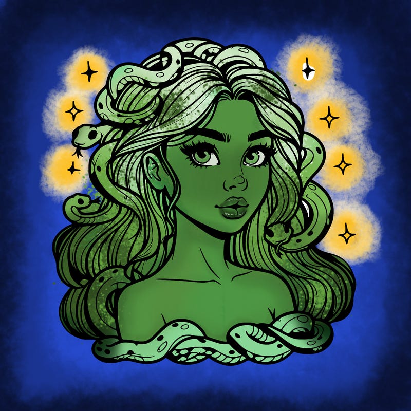 realistic girl with snakes as hair