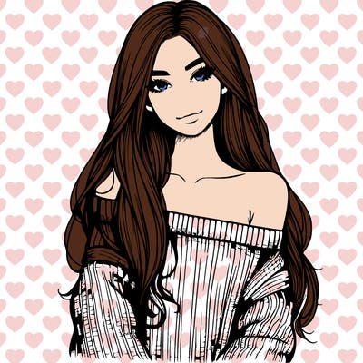 realistic girl with long hair wearing an off the shoulder sweater
