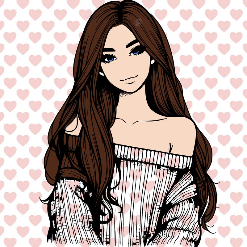 realistic girl with long hair wearing an off the shoulder sweater
