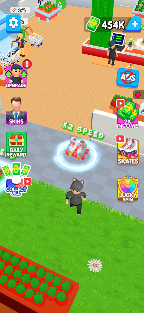 Mini Supermarket Grocery Shop - Gameplay de Mini Supermarket Grocery Shop mostrando a un personaje en una tienda virtual con un potenciador de velocidad.