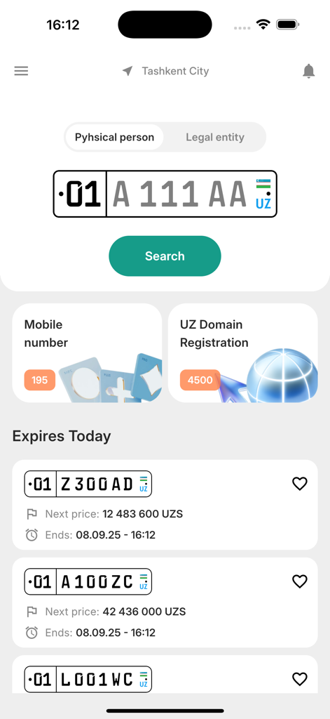 Avtoraqam - Interfaz de la aplicación móvil Avtoraqam mostrando subastas de matrículas de coche y precios.