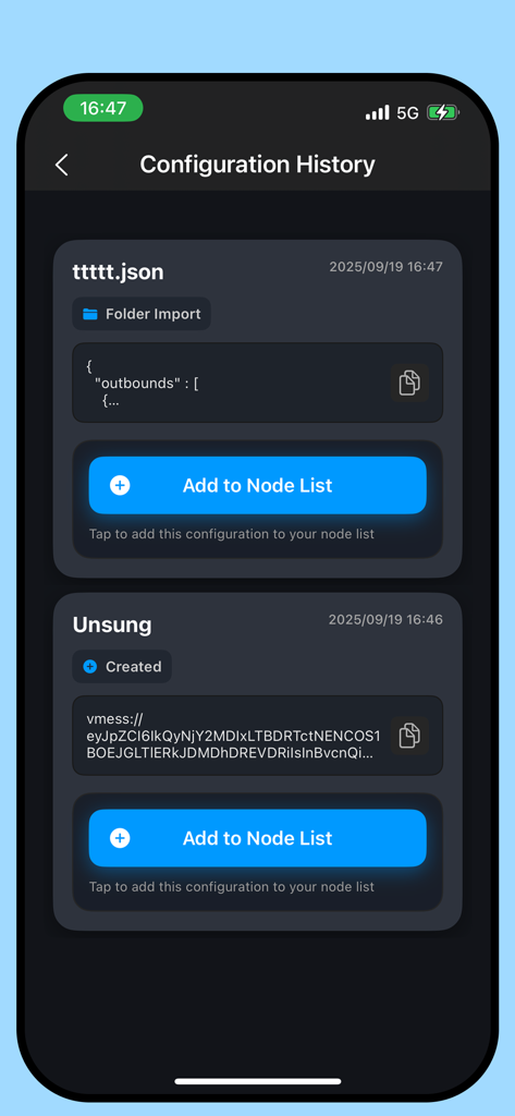 VPN - Buck Super - The configuration history screen of the VPN Buck Super app showing imported JSON and VMess files with an option to add to node list.