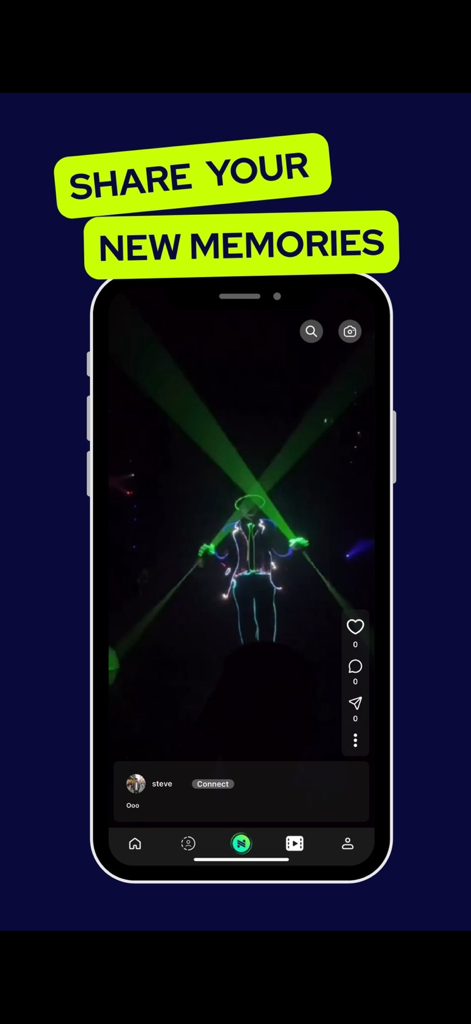 Nexiun: Dating App & Friends - Captura de pantalla de la aplicación Nexiun mostrando un feed de video social con una actuación de luces de neón y el texto Comparte Tus Nuevos Recuerdos.