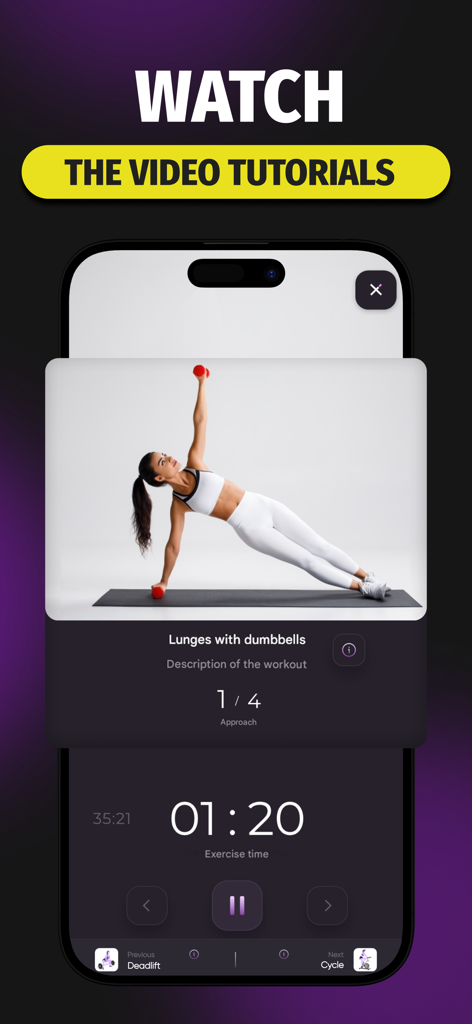 Lose Weight in 30 Days-Fitness - 덤벨을 사용하여 사이드 플랭크 운동을 하는 여성의 피트니스 비디오 튜토리얼을 보여주는 모바일 앱 스크린샷