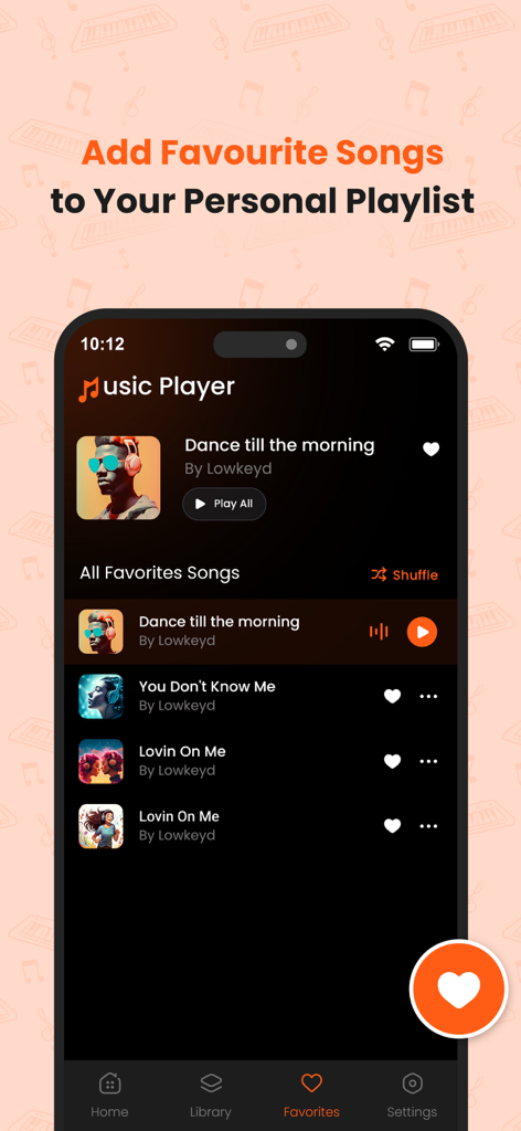 Una pantalla de aplicación móvil que muestra una lista de reproducción personal de canciones favoritas con controles de reproducción y arte del álbum.