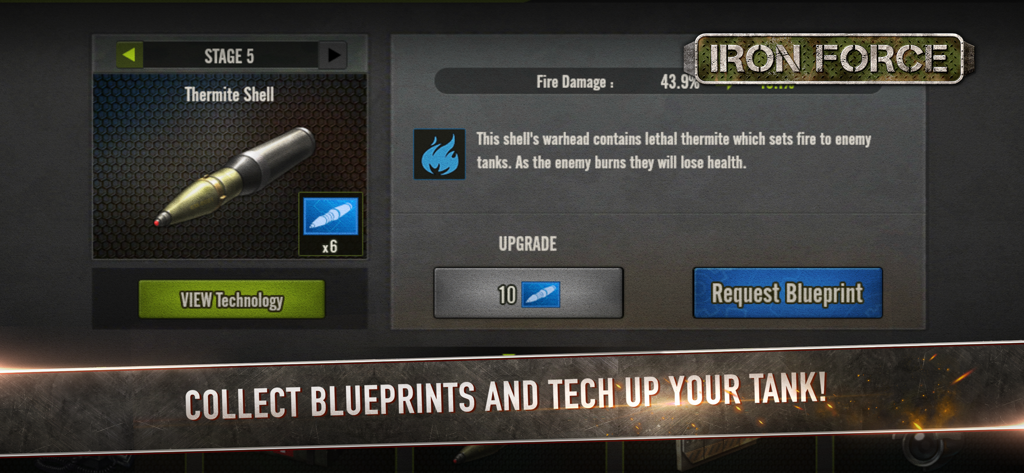 Iron Force mobile game menu for upgrading tank technology and collecting blueprints