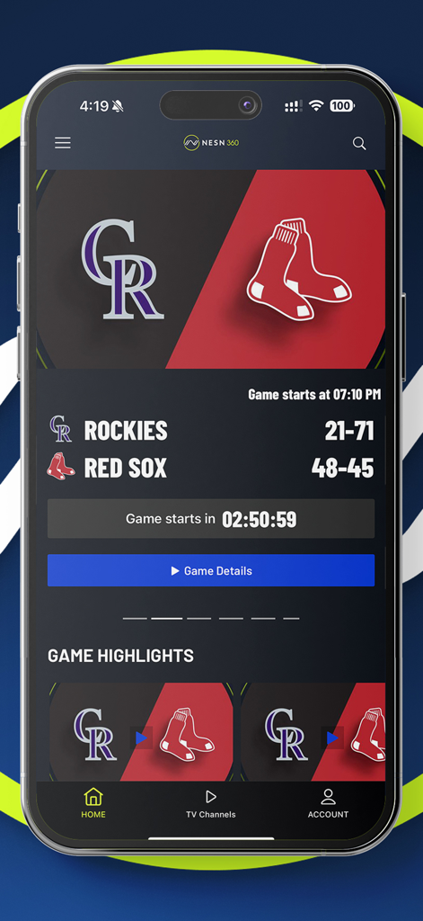 NESN 360 app displaying a countdown timer for an upcoming Red Sox versus Rockies baseball game with team records.