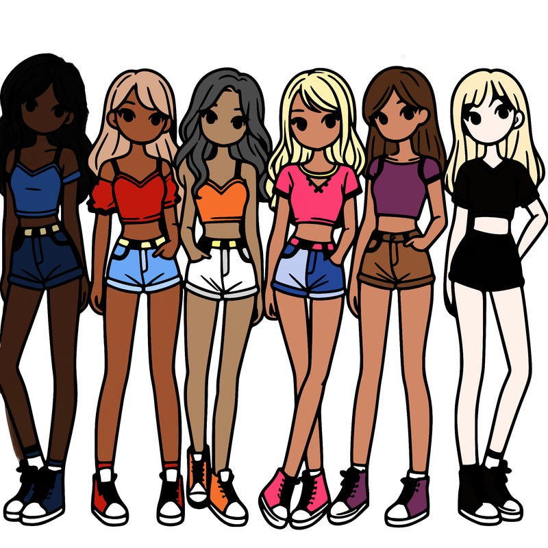 a group of girls wearing crop tops and shorts