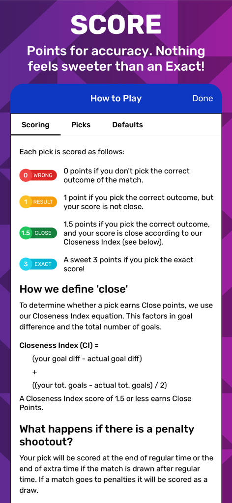 Superbru Football - A screen showing the scoring rules for the Superbru Football app with points awarded for wrong, result, close, and exact predictions.