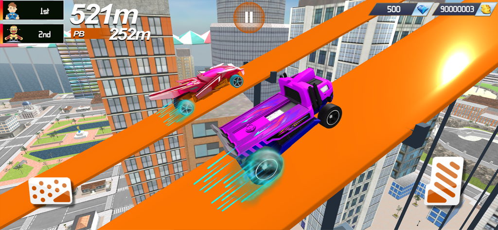 Monster Truck 4x4 Racing Games - Two monster trucks racing on an orange track high above a city in a 4x4 racing game.
