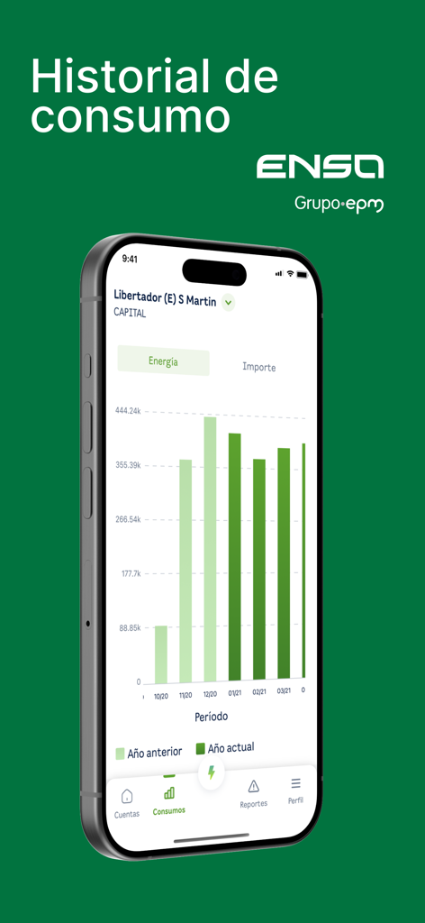 ENSA Panamá - ENSA Panama app showing energy consumption history with a bar chart