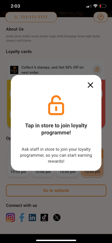 A mobile app screen with a popup inviting users to join a store loyalty program by tapping in-store to start earning rewards.