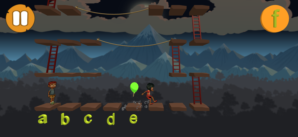 Children characters in a mountain level of Alphabet and Ladders game learning lowercase letters