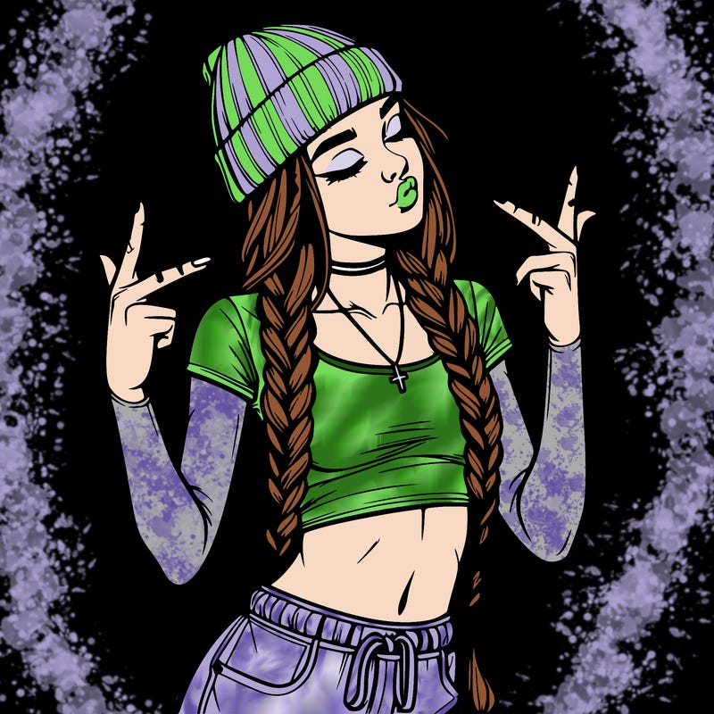 realistic teenage girl with braids and a beanie and crop top doing 🫶🏼