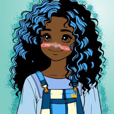 realistic girl with curly medium hair and a salopette and beautifull smile