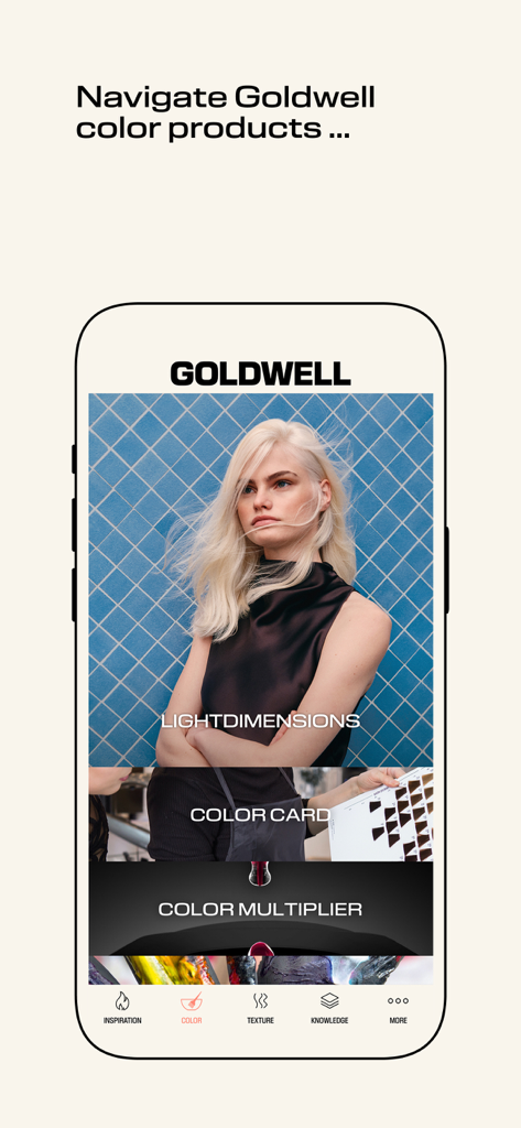 GOLDWELL EDUCATION PLUS - The Goldwell Education Plus app interface showing professional hair color product categories like LightDimensions and Color Card