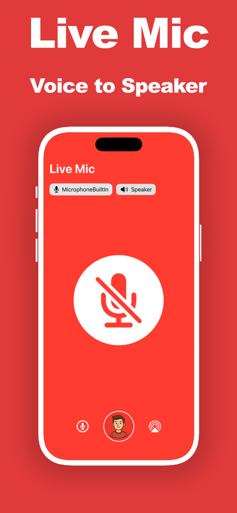 Pantalla de inicio de la aplicación Mic Live que muestra la función de voz a altavoz con botones de selección de micrófono y altavoz