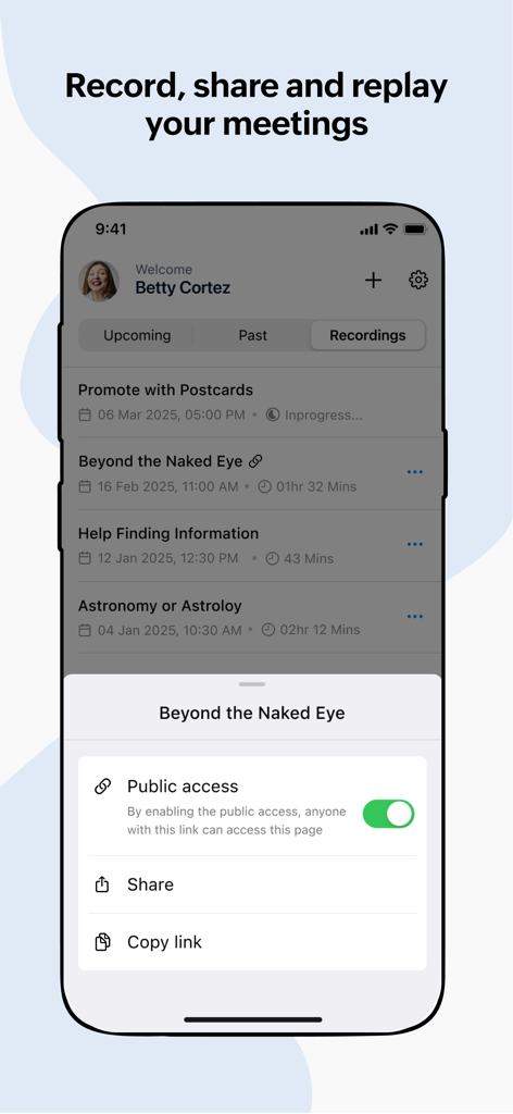 Zoho Meeting - Online Meetings - Zoho Meeting mobile interface showing a list of recorded meetings and options to enable public access and share links.