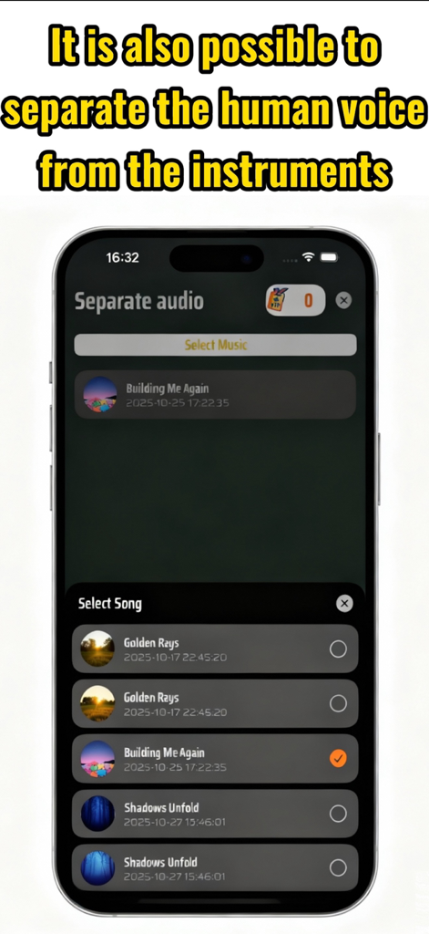 Songify: AI Music Generator - Interface do aplicativo Songify mostrando o recurso de áudio separado com uma lista de músicas para selecionar para isolamento de voz e instrumentos