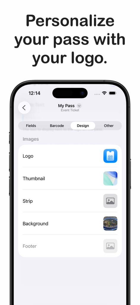 Interface for customizing Apple Wallet passes with logos and background images in the Passmaker app