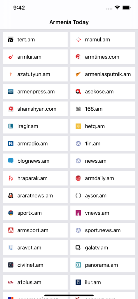 A grid of various Armenian news sources displayed within the Armenia Today mobile application interface