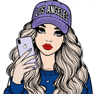 realistic beautiful girl wearing los ángeles cap holding an iphone
