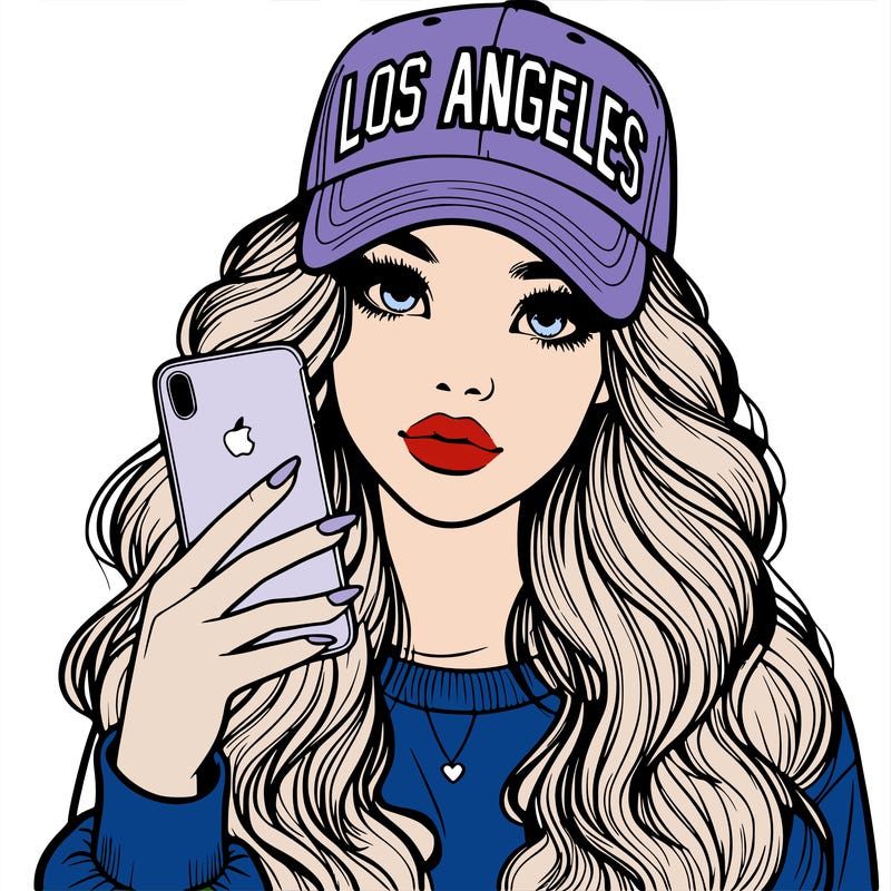 realistic beautiful girl wearing los ángeles cap holding an iphone