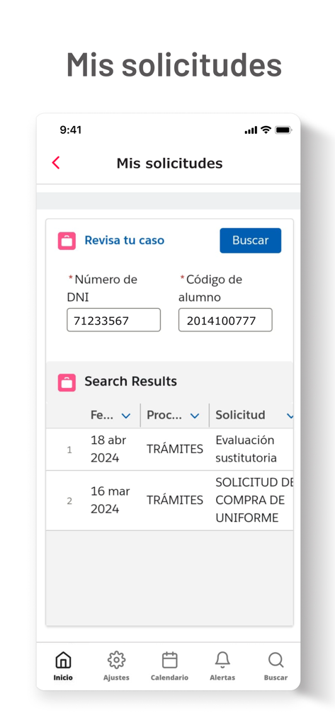 Sise Móvil - Interface do aplicativo Sise Movil para rastrear solicitações acadêmicas e procedimentos estudantis.