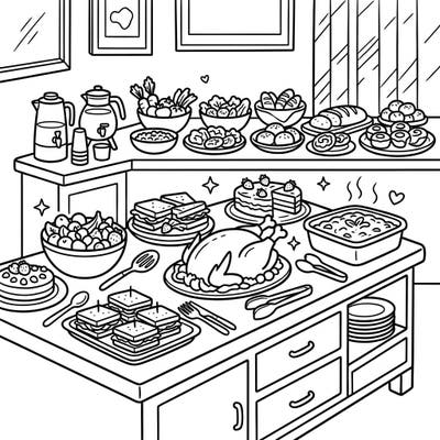 Get ready for a scrumptious coloring experience with this lively buffet scene designed for kids! Your little one will love bringing this table full of delicious food to life with their favorite colors.