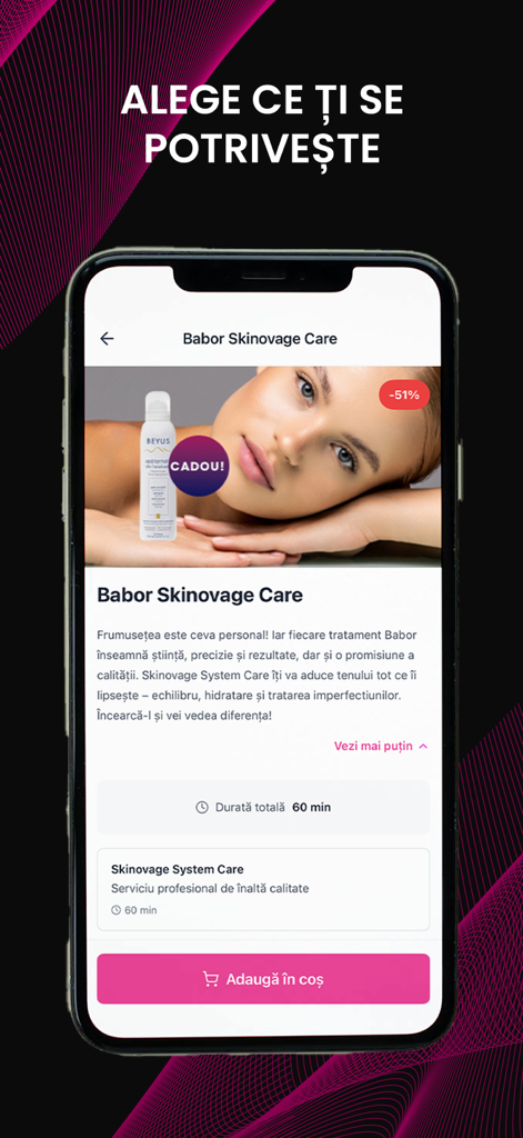 Magic Salon - Detailed view of a Babor Skinovage Care skincare treatment in the Magic Salon app with pricing and booking options