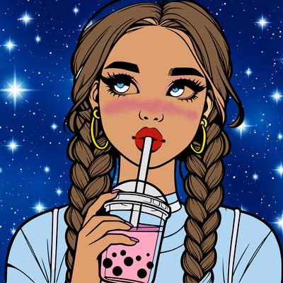realistic girl with braided hair drinking boba