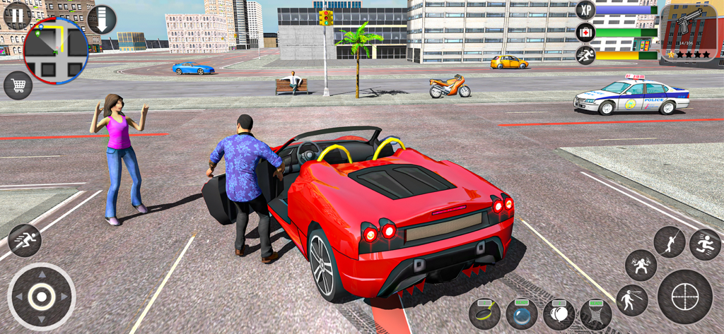 Gangster City Vegas Crime Game - Gameplay di Gangster City Vegas che mostra un giocatore che entra in un'auto sportiva rossa in una città open-world