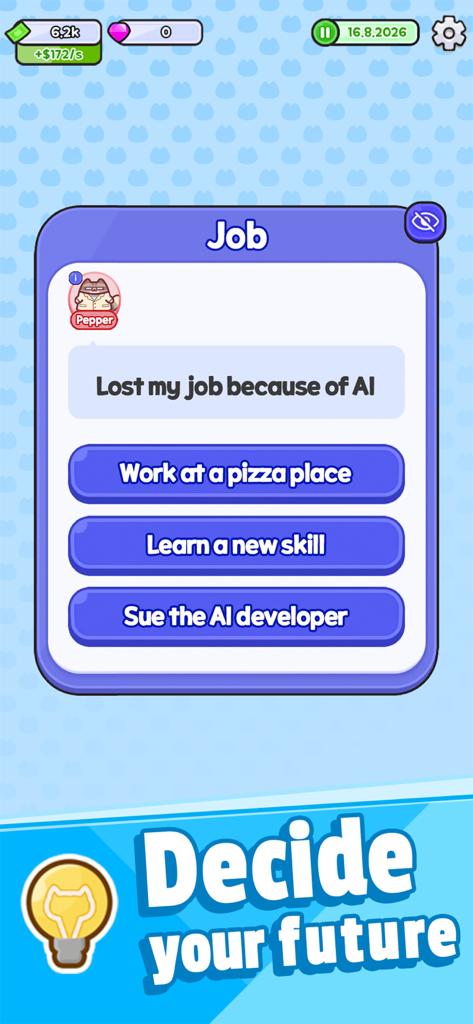 Cat's Life : Cute Simulation - Una pantalla de elección de carrera en Cat's Life: Cute Simulation con un personaje de gato decidiendo sobre un nuevo trabajo.