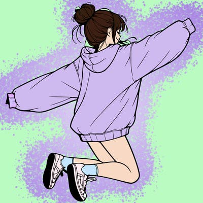 realistic girl jumping with a bun and oversized sweatshirt