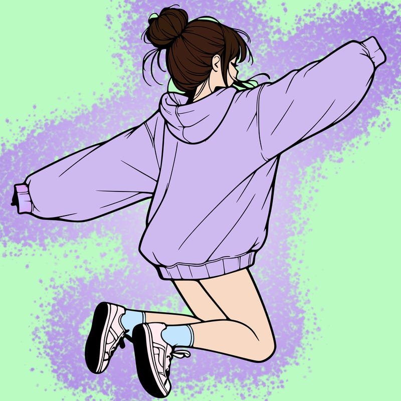 realistic girl jumping with a bun and oversized sweatshirt