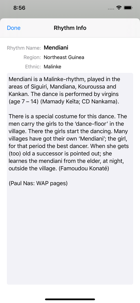 Pantalla de información de ritmo en la aplicación DjembeTime que proporciona antecedentes culturales e históricos del ritmo Mendiani del noreste de Guinea.