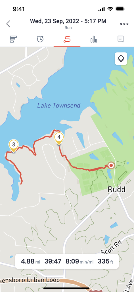 Final Surge - Final Surge app interface showing a GPS tracking map of a run with distance, time, pace, and elevation metrics