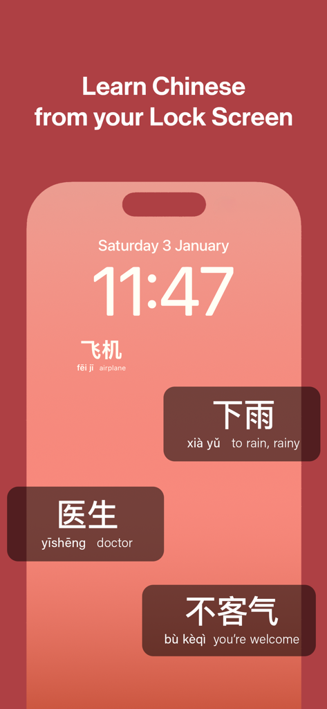 Daily Hanzi - iPhone lock screen displaying Daily Hanzi widgets with Chinese characters pinyin and English translations