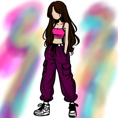 girl in baggy pants crop top and long hair