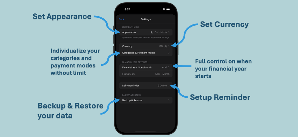 Expense Trail - Budget Tracker - The settings screen of Expense Trail app showing features like dark mode, currency selection, and data backup options.