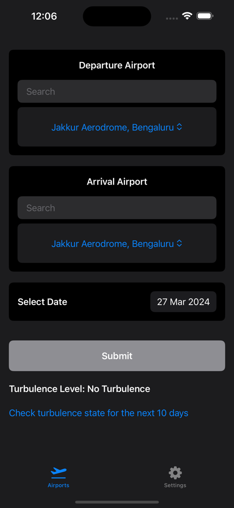 FlyWithoutFear - Pantalla de selección de vuelo de la aplicación FlyWithoutFear para pronóstico de turbulencia